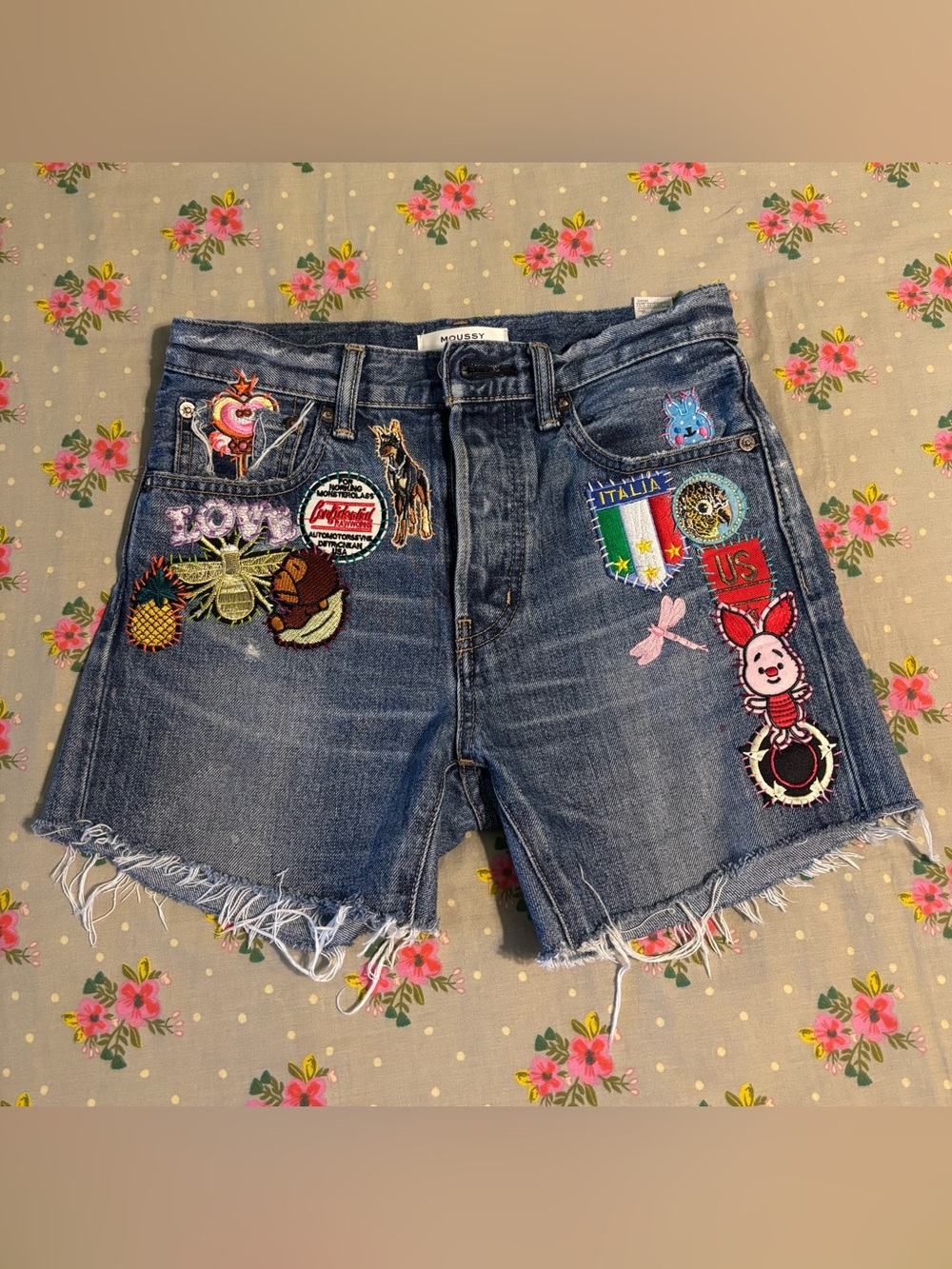 Moussy Blue Denim Patchwork Jean Shorts